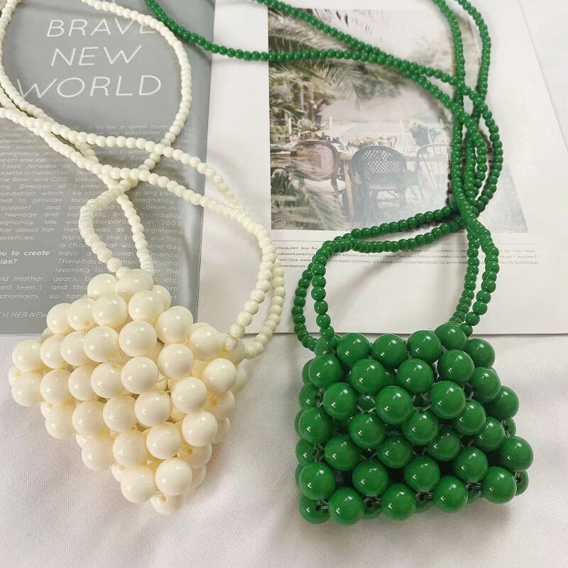 2022 Girls Beaded Shoulder Bags Green Small Bag Pearl Bag Children Handbag Women Mini Messenger Bag