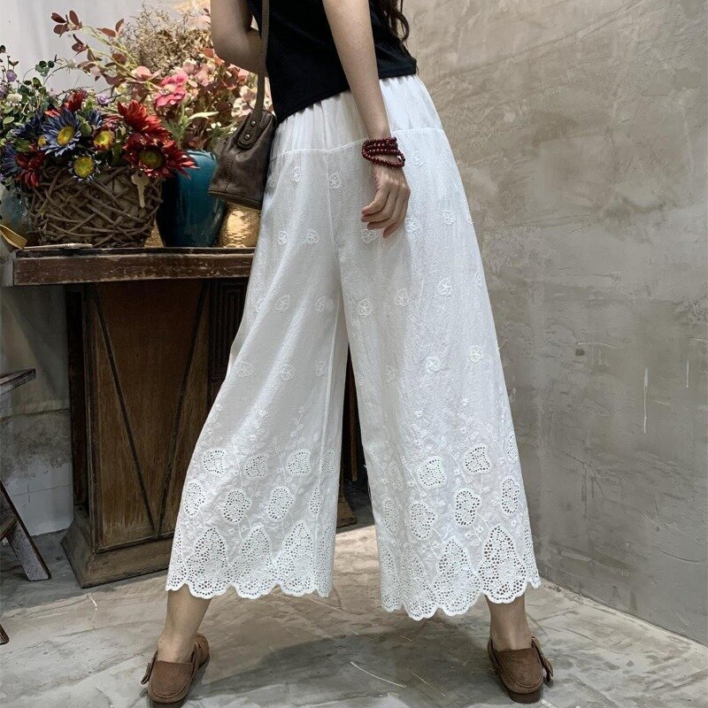 Women's 2024 New Fashion Solid Color Hollow Pure Cotton Embroidered Wide Legged Loose and Retro Nine Split Straight Leg Pants