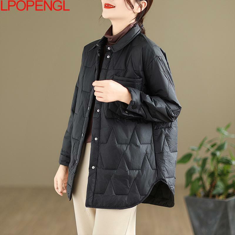 한국 여성 루즈 캐주얼 긴 소매 싱글 브레스트 코트, 따뜻하고 두꺼운 문학 스트리트웨어 코튼 재킷, 가을 겨울