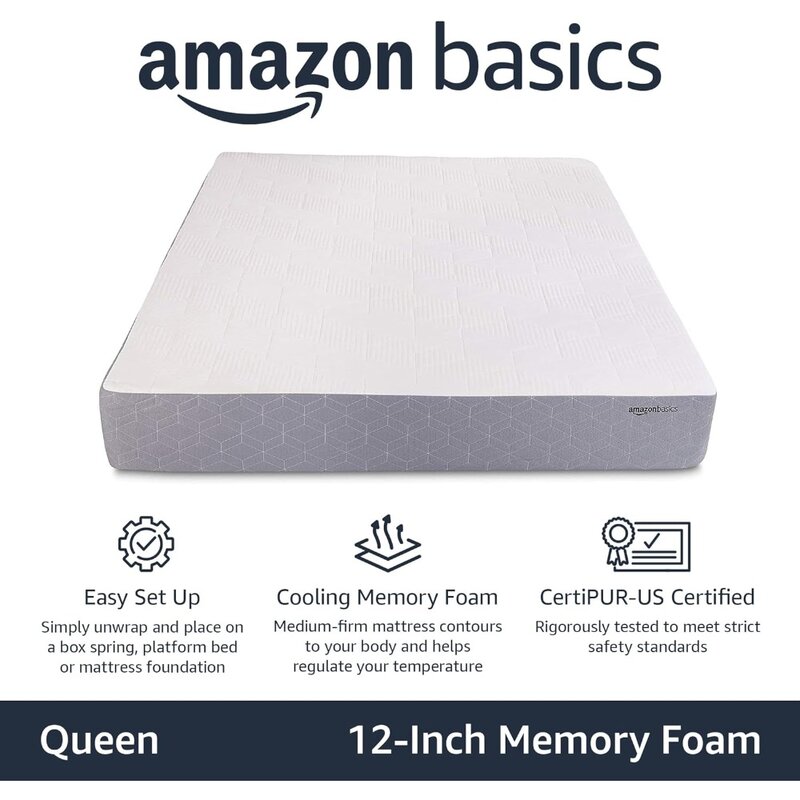 Cooling Gel-Infused, Medium Firm Memory Foam Mattress,  Queen Size, 80 x 60 x 12 inches, White/Gray
