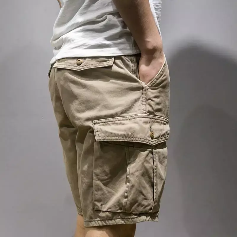 กางเกงขาสั้นเบอร์มิวดาสำหรับผู้ชายกางเกงขาสั้นคาร์โก้ผู้ชายสีกากีมีกระเป๋าด้านหน้าหรูหรา Y2k ฤดูร้อน