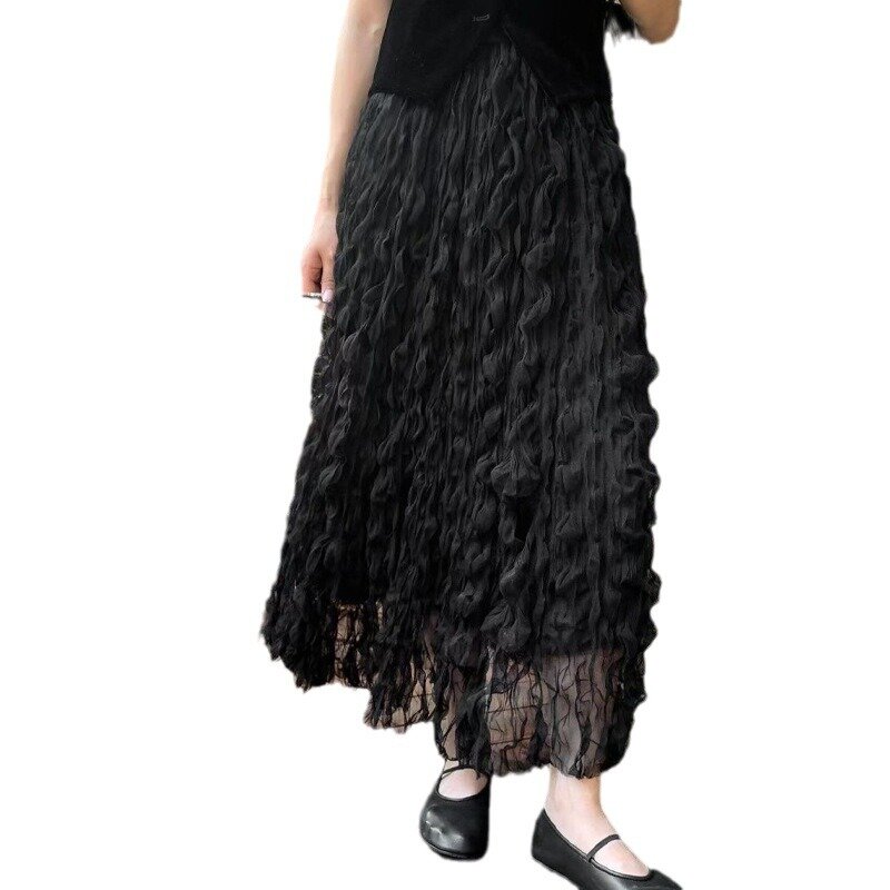 Women Wave Pleated Skirt Summer Female High Waist Fashion Loose Fashion Wave Elegant Chic Solid Pleated Mesh Print Skirt Q872