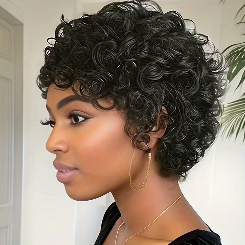 Frontal Lace Short Deep Curly Wigs For Synthetic Women Human Hair Pixie Cut Water Wave Full Machine 180% Density 6 Inches