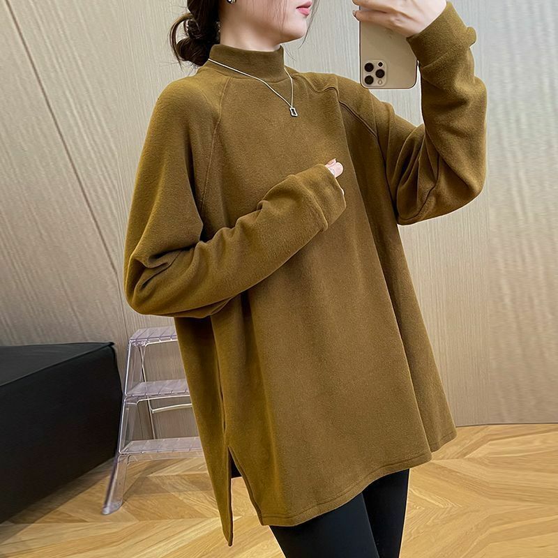 Mode Opstaande Kraag Losse Koreaanse Effen Kleur T-Shirt Dameskleding 2023 Winter Oversized Casual Tops Forens T-Shirt