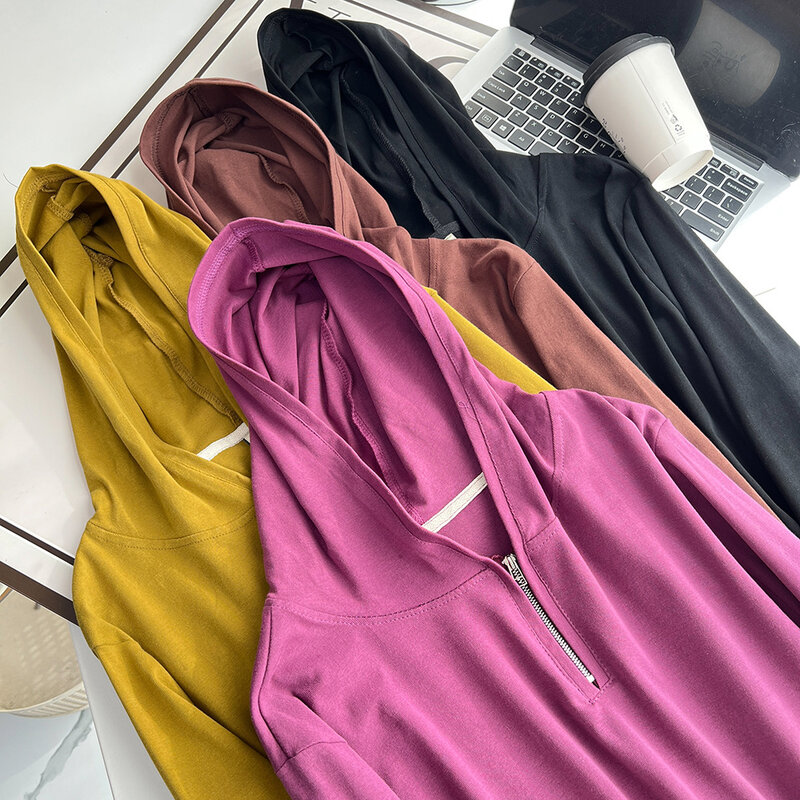 Early Spring 100kg Simple Solid Color Hooded Half Zipper Long Sleeve Basic T-Shirt Plus Size Women's Hoodie 2185