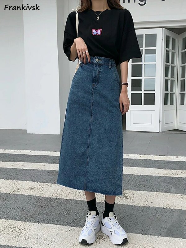 Simple Skirts Women Autumn European Style Side-Slit High Waisted Elegant All-match Streetwear Harajuku Solid Mid-Calf Faldas New