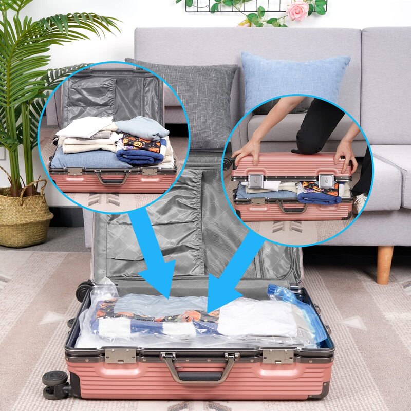 旅行用ハンドポンプ付き真空収納バッグ、スペースセーバー、コンプレッションオーガナイザー、シーラーバッグ、ブランケット、衣類、80% 以上