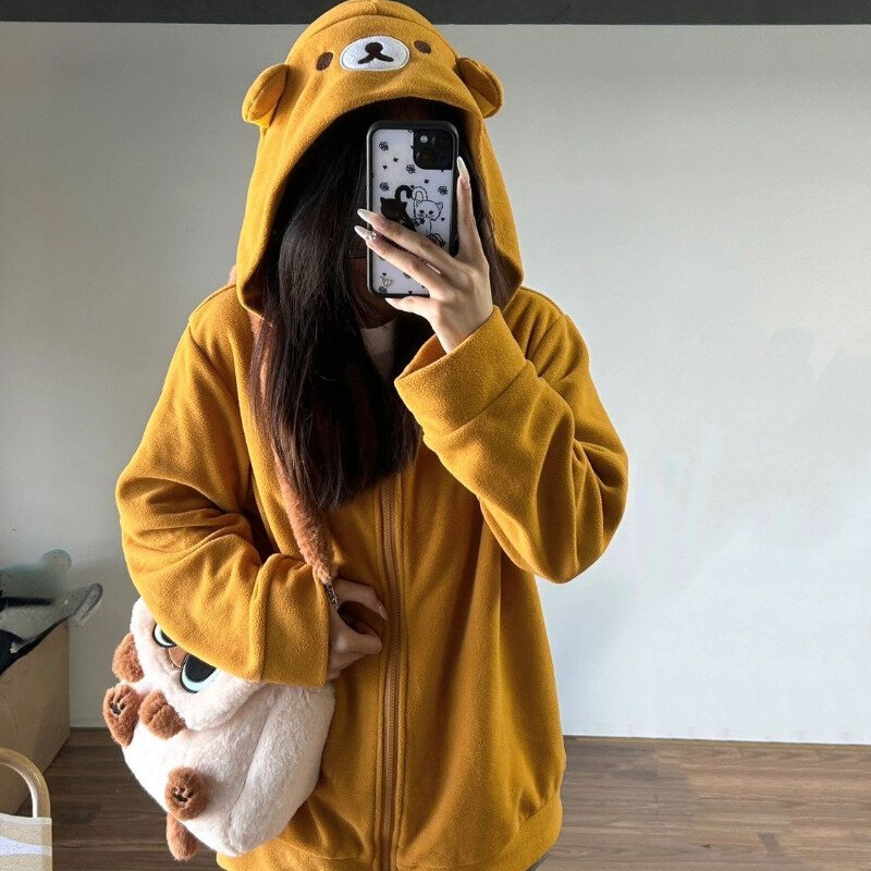 Deeptown Kawaii Zip Up Hoodies Women Oversized Japanese Girl Preppy Style Cute Bear Sweatshirts Sweet Lolita Embroidered Tops