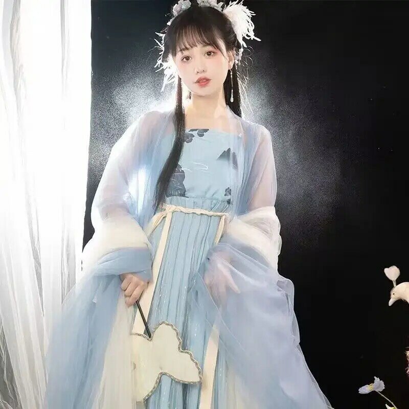 Gaun Hanfu Set Hanfu Bordir Tiongkok Kuno Wanita Pakaian Pesta Kostum FairyCosplay Wanita Gaun Hanfu Hijau Biru untuk Wanita