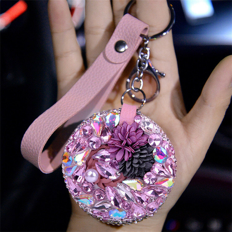 New Car Key Pendant Diamond-encrusted Makeup Mirror Car Interior Jewelry Crystal Key Chain Lanyard Ladies Key Decoration