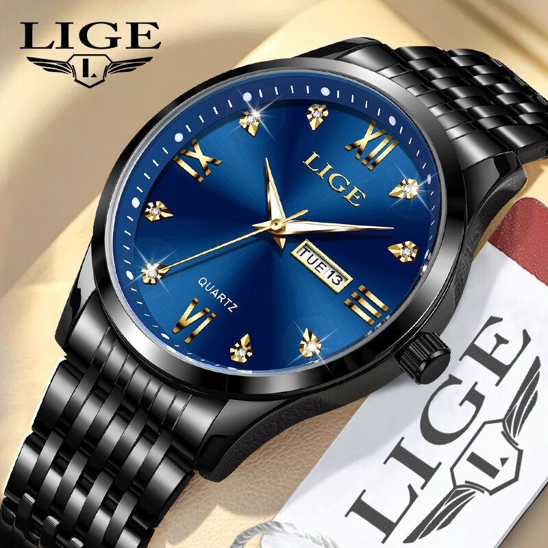 LIGE-Relógio De Quartzo De Luxo Masculino, Cinto De Aço Inoxidável, Impermeável, Luminoso, Calendário, Relógio De Pulso Empresarial, Marca Top, Moda
