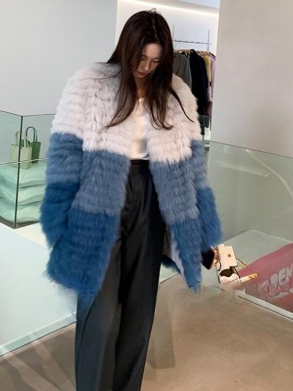 New Winter Jacket Real Fox Fur Coat High Quality Loose Spliced Color Warm Fashion Youthful Long Cardigan Streetwear