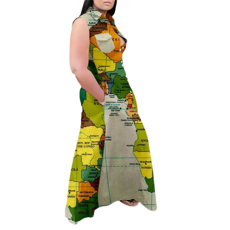 Vestido largo informal con estampado de mapa para mujer, camisa con solapa sin mangas, talla grande, venta al por mayor, Verano
