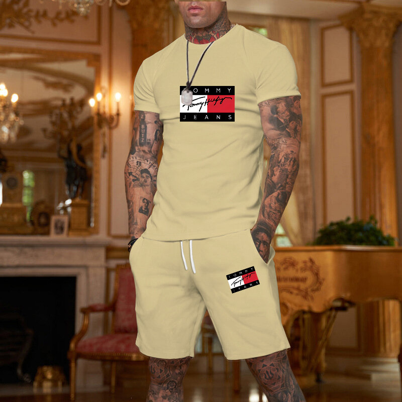 Camiseta de manga curta listrada 3D masculina e shorts conjunto de 2 peças, terno esportivo casual extragrande praia, camiseta verão