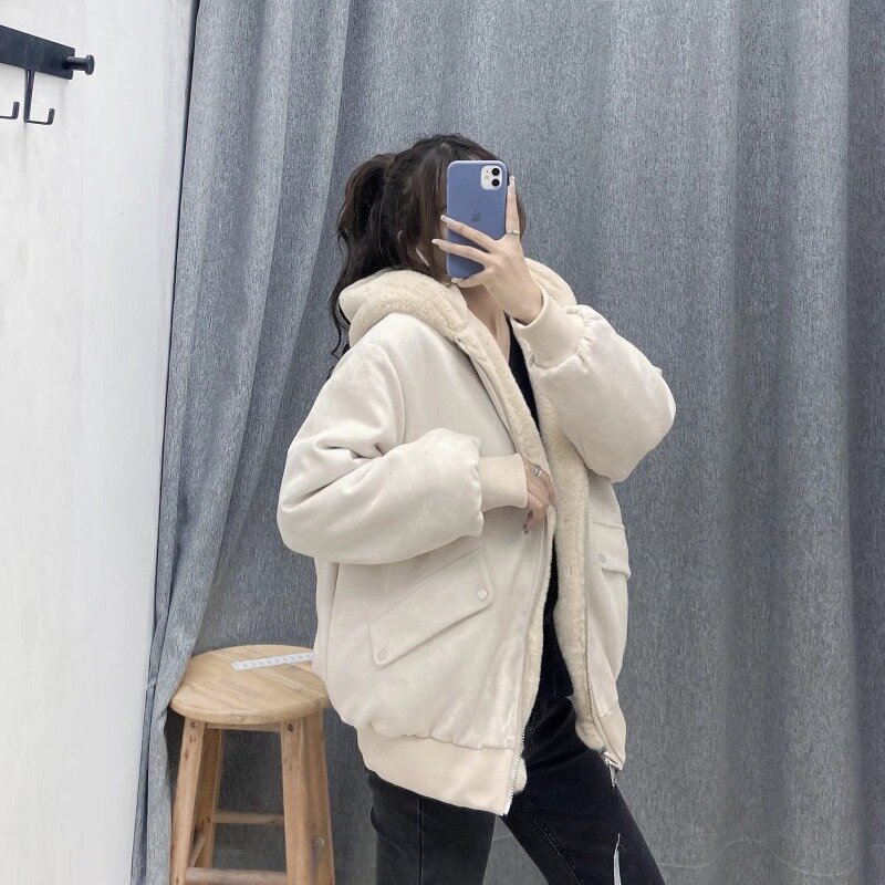 Faux Fur Coat for Women, Two-Sided Wear, Hooded Cotton Jacket, Thick Warm Short Outwear, Loose Patchwork Parka, Winter Fashion