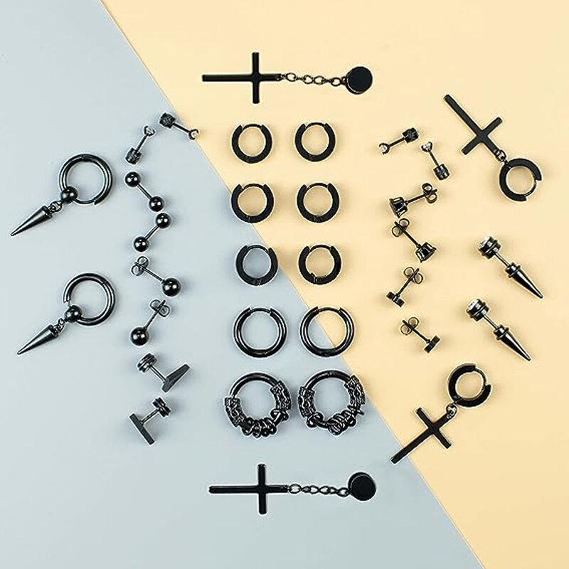 Ensemble de boucles d'oreilles en acier inoxydable noir pour hommes, pendentif croix, cerceau et goujon, bijoux piercing, adapté pour anniversaire P, 16 paires