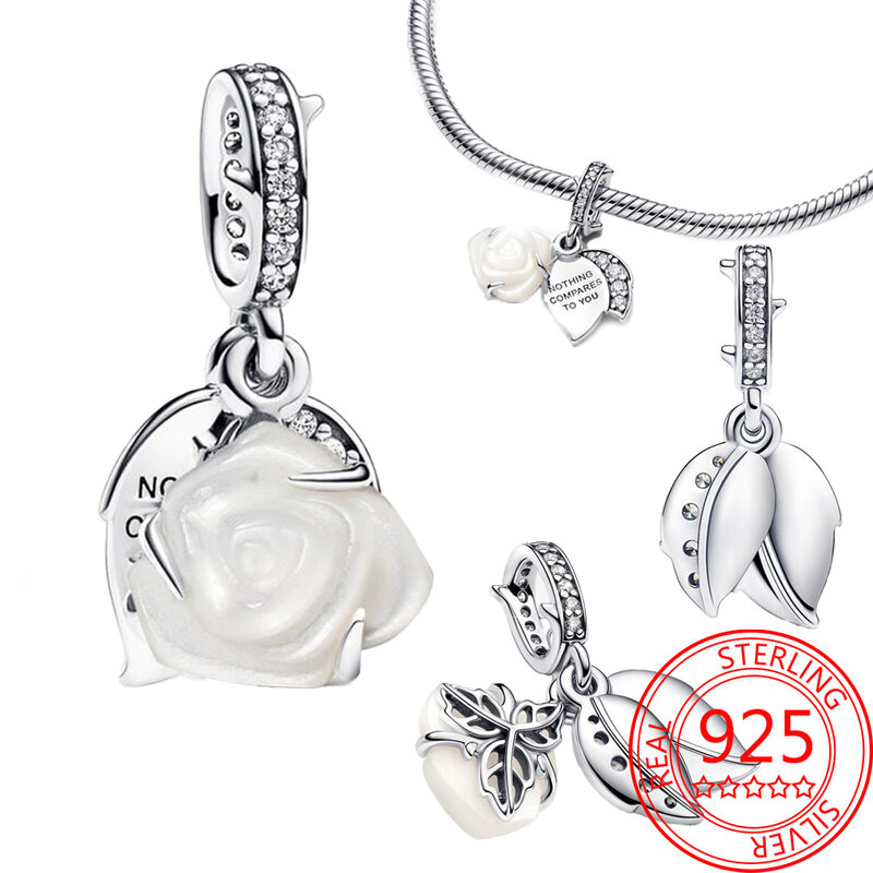 Elegante abalorio de plata de ley 925 para mujer, Rosa Blanca en floración, colgante doble, compatible con pulsera Pandora, regalo de joyería de religión