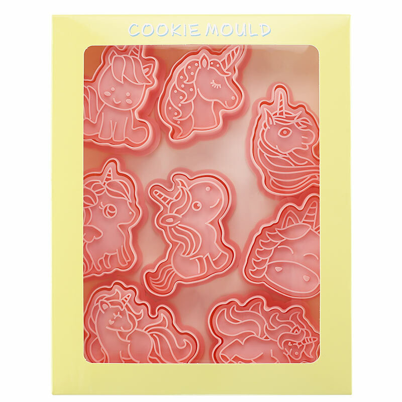 Ensemble de 8 moules à biscuits en forme de licorne, en plastique 3D, dessin animé, Pressable, pour pâtisserie, ustensiles de cuisson
