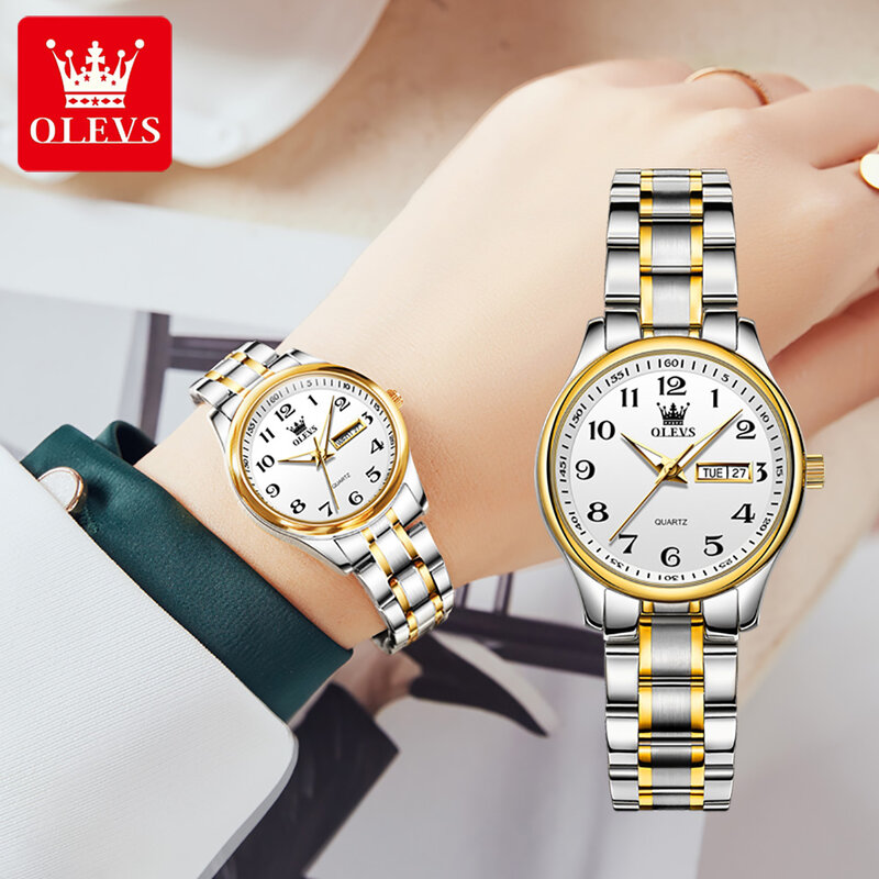OLEVS-reloj de cuarzo de lujo para mujer, relojes elegantes de acero inoxidable, reloj de pulsera luminoso impermeable con fecha de semana, reloj de vestir para mujer