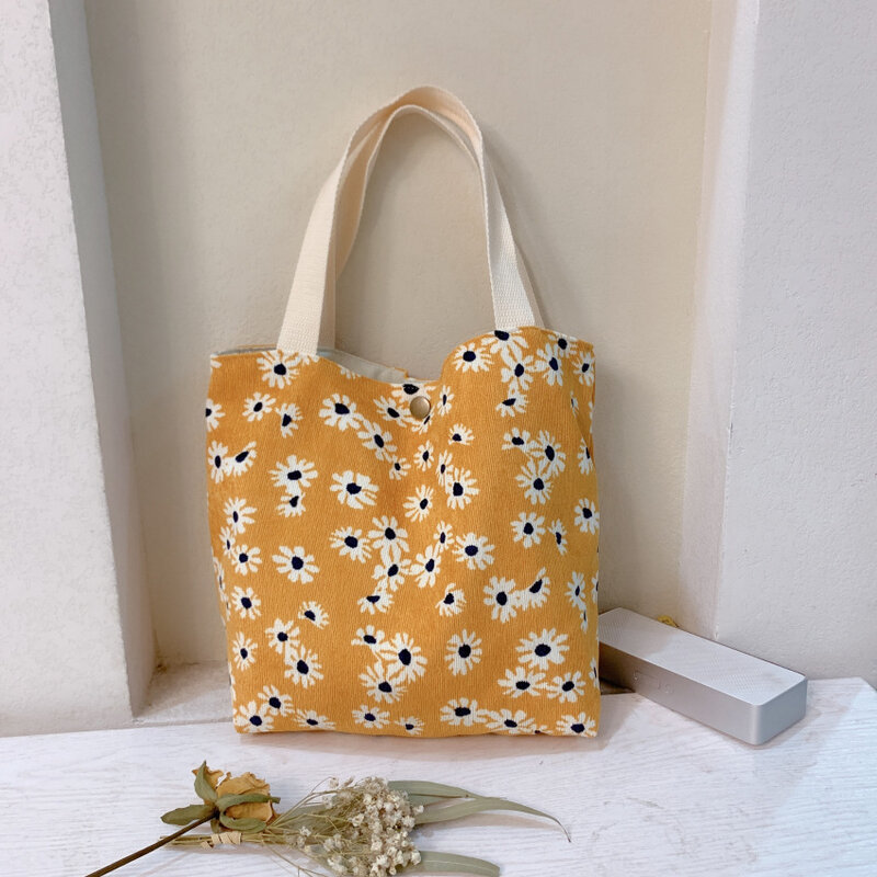 Retro Literary Handbag Fashion Corduroy Cloth Shopping Bag with Handle Lunch Bag for Fashion Summer Girls Students Books Bag