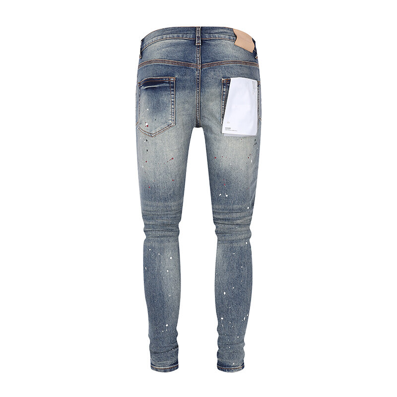 Jeans Split apertado lavado vintage masculino, calças de marca designer, azul, moda de rua alta, hip hop