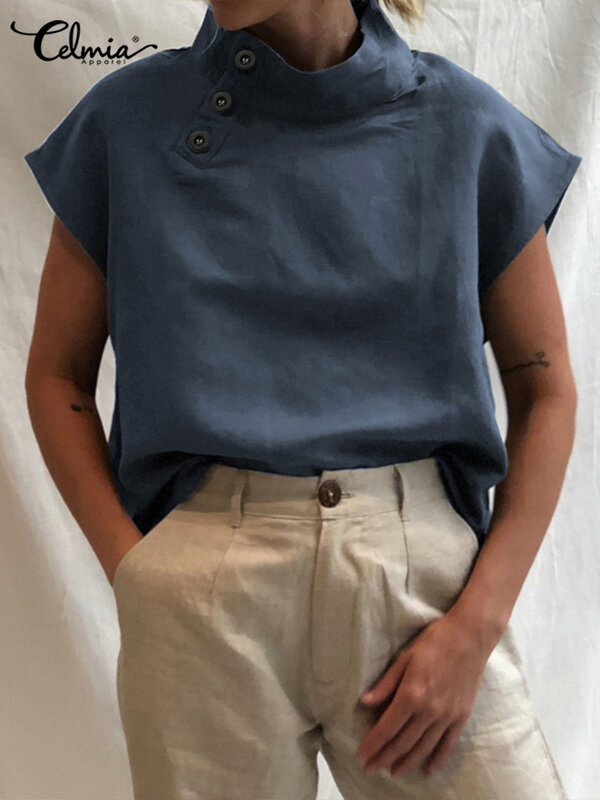 Celmia-Blusa de lino y algodón para Mujer, camisa blanca elegante, de manga corta, ligera, para verano, 2023