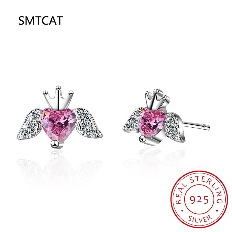 2024 Real 925 Sterling Silver Romantic Heart CZ Angle Wings Crown Stud Earring For Women Daughter Birthday Gift Fine Jewelry
