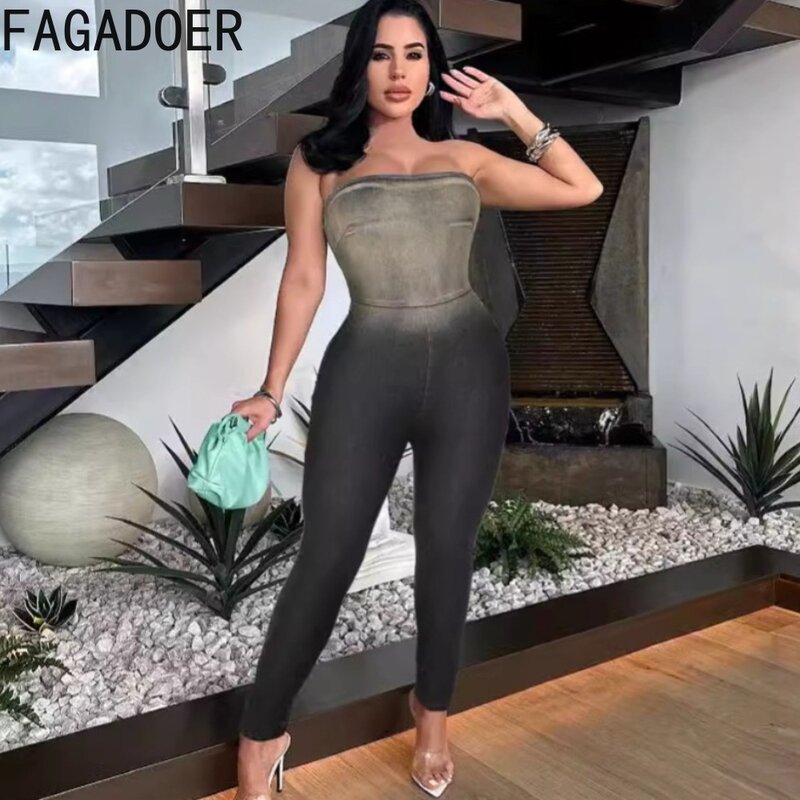 FAGADOER-Macacões jeans sem alças para mulheres, macacões sem costas, macacão elástico alto, gradiente de tintura, bodycon sexy, INS Trendy, 2024