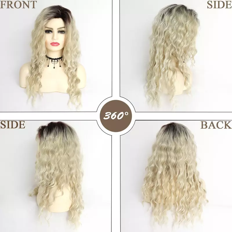 Blonde Curly Wig Synthetic Hair Natural Long Wave Wigs for White Women Free Part Dark Roots Ombre Wigs Drag Wavy Wig+Stickers