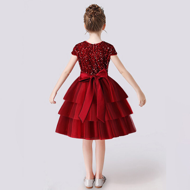 Dideyttawl sparkly curto vestido da menina de flor para o aniversário em camadas babados lantejoulas tornozelo-comprimento vestido de festa princesa