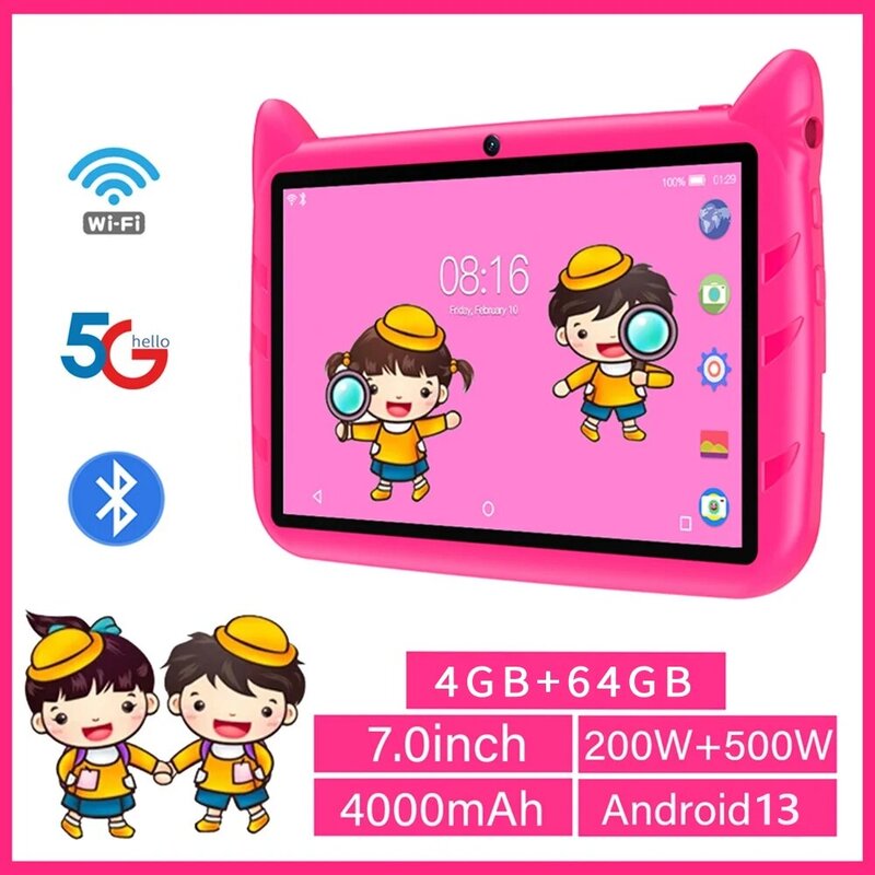 BDF-Tablet com câmera dupla para crianças, Android 13, 4GB de RAM, 64GB ROM, expansão de 1TB, 5G WiFi, bateria 4000mAh, software presente infantil, 7 em