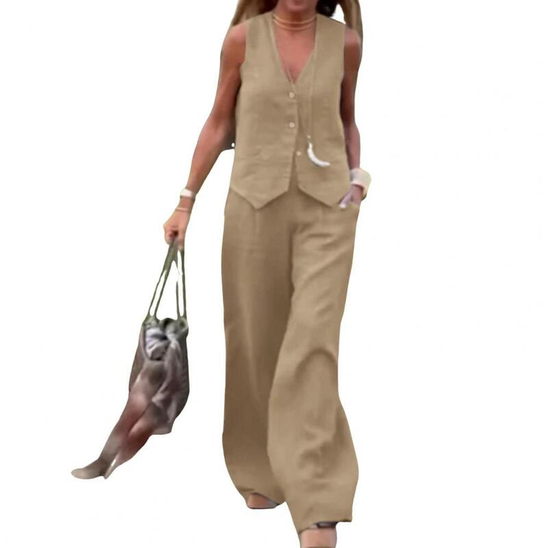 Terno feminino de duas peças, calças de colete, top com gola V, calça reta, roupa de deslocamento, cintura elástica lateral para vestir