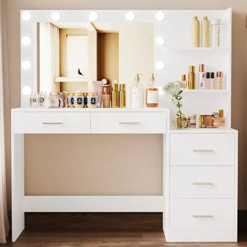 Table de maquillage blanche pour femme, meuble de chambre à coucher, vanité avec miroir 4.2, commode, 11 lumières LED, 46.7 po, RSZT106W