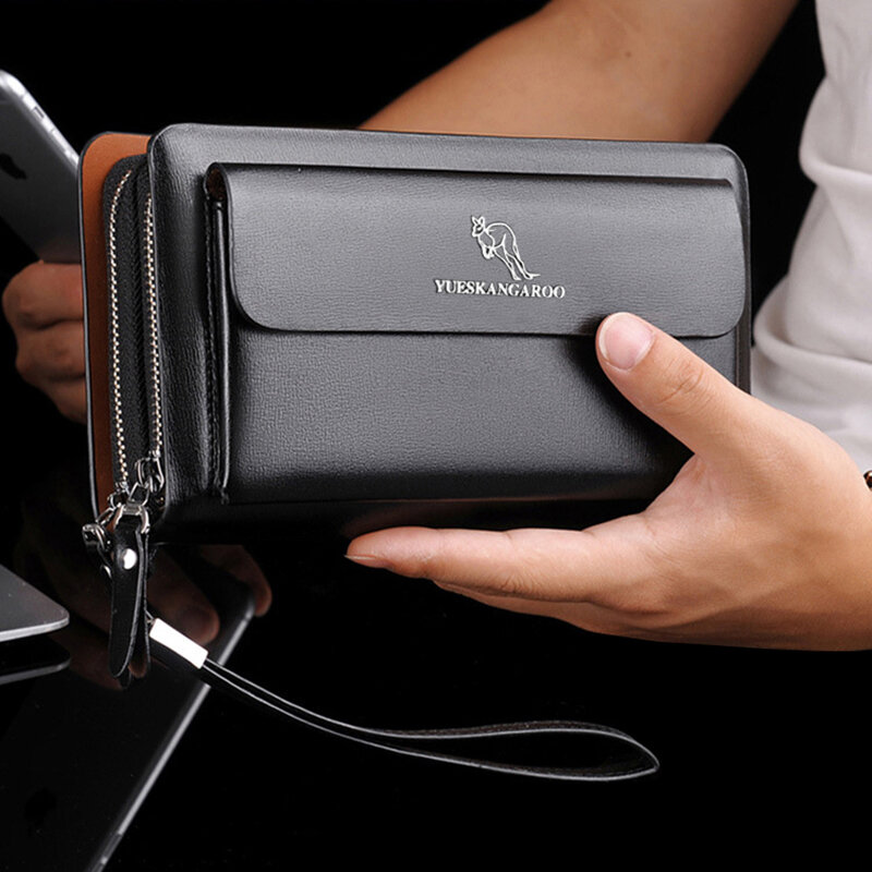 Skórzana kopertówka na zamek błyskawiczny portfel Passcard moda luksusowa torebka kwadratowy uchwyt na karty etui na telefon torba portier męska