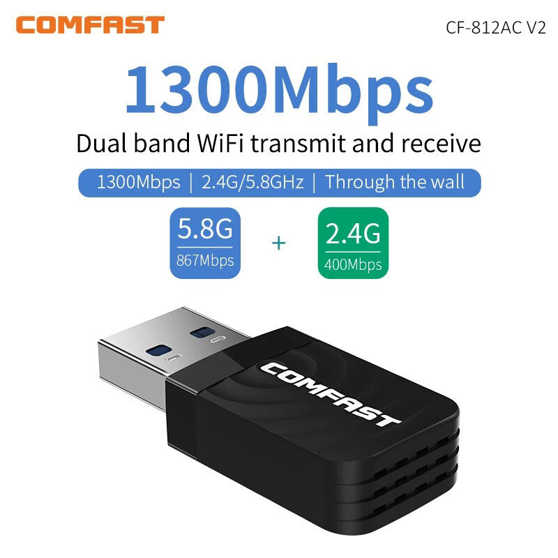 Adaptor USB Wifi 802.11AC, adaptor Wi-fi Dual Band 1300G/5ghz, adaptor nirkabel Dongle Win 2.4 Mac Linux 10/11 Mbps