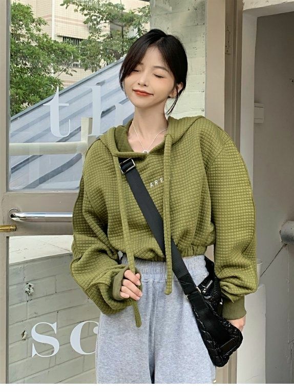 High Quality Waffle Vintage Y2k Clothes Hoodie Korean Fashion Hooded Sweatshirts Long Sleeve Crop Tops Sweatshirt Oversize