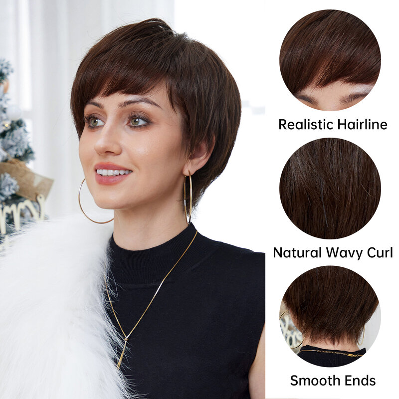 Pelucas de cabello humano con corte Pixie corto marrón oscuro para mujer, mezcla de cabello sintético con flequillo, pelucas Bob de capas naturales