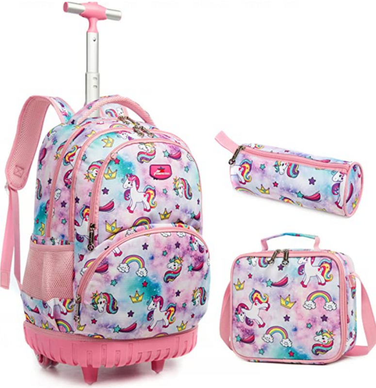 Jasminestar crianças escola trolley sacos mochila com saco de almoço caso lápis para meninos e meninas 18 polegada rolando mochila com rodas