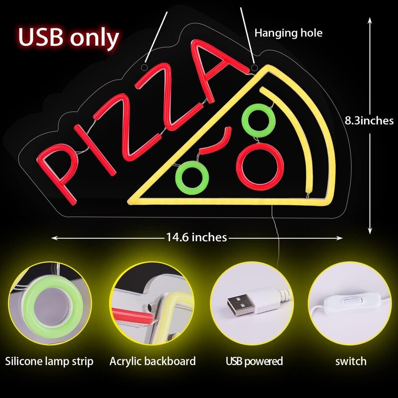 Pizza Neon Sign Decor, Open Neon Sign, Wall Decor, Incentré LED Nightlight, Handmade Business Sign for PR