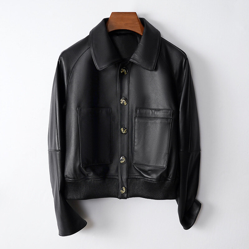 2024Genuine leather jacket  autumn new French elegant sheepskin jacket craft lychee pattern small short jacket