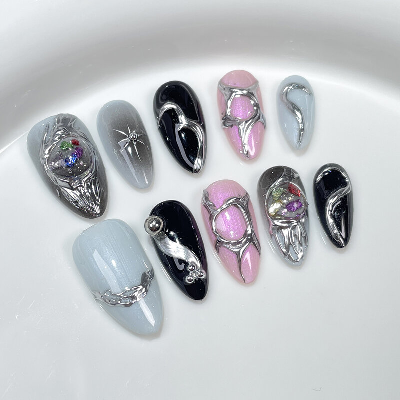 10Pcs Handmade Almond Press on Nails Black Metallic Full Cover French Design Coffin Fake Nail Manicure Wearable Nail Tips Art