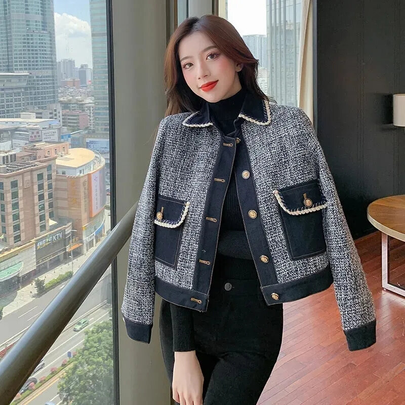 Xiaohuangfeng mantel Denim wanita musim semi musim gugur 2023 desain baru Arah warna kontras Panel longgar lengan pendek komuter trendi V