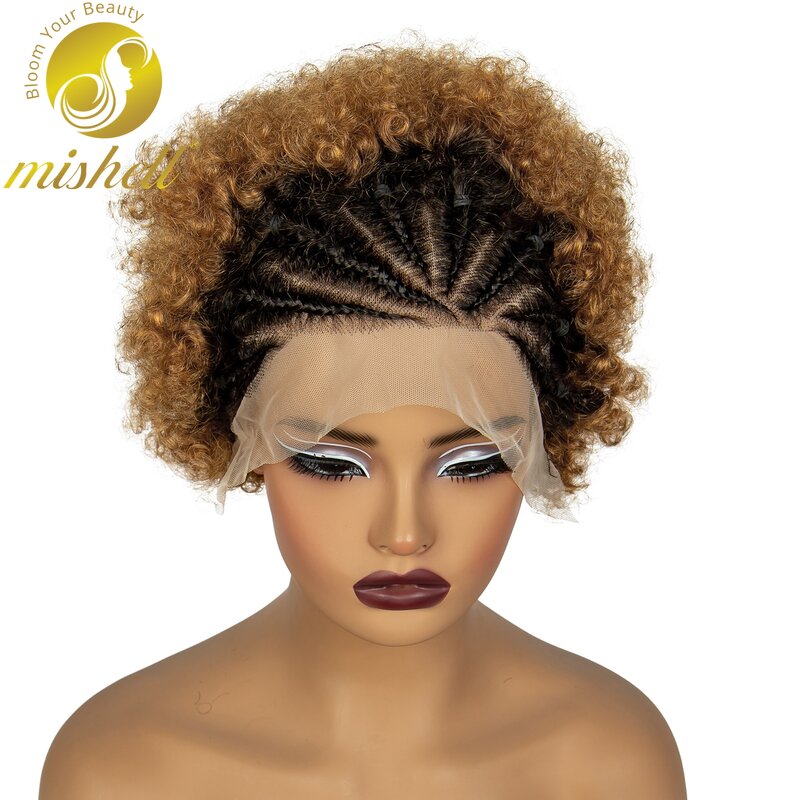 6Inch 1BT30 Afro Kinky Curly Human Hair Wig with Braids 13x4 Transparent Lace Front Curly Short Bob Wigs 200% Density for Women