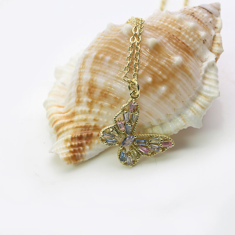 Collar de plata 925 con piedras preciosas de circonia cúbica, joyería de mariposa, colgante de oro amarillo/plata