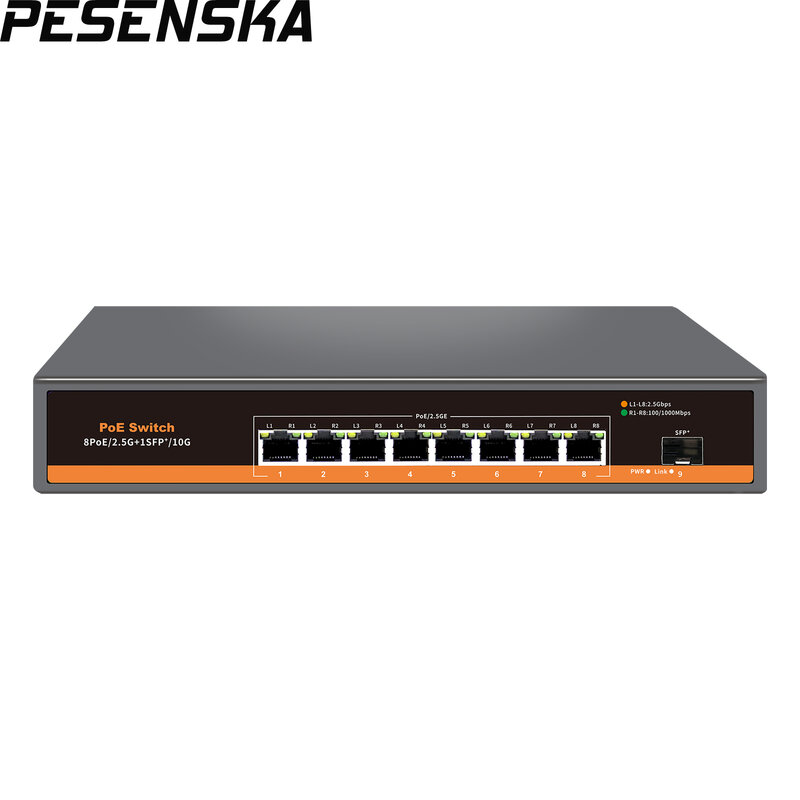 PESENSKA-Switch Ethernet PoE, Compatível com Gigabit e 10GB, Portas, Base-T, 1x10GB, SFP, 2.5G, 9 Portas