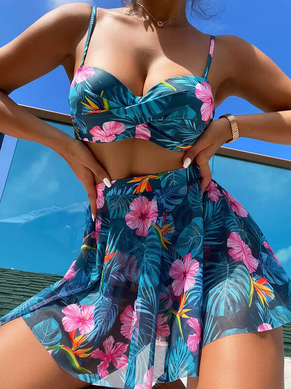 Maiô 3 peças com estampa floral para as mulheres, push up bikini, saia de malha de cintura alta, estilo sexy, novo, 2024