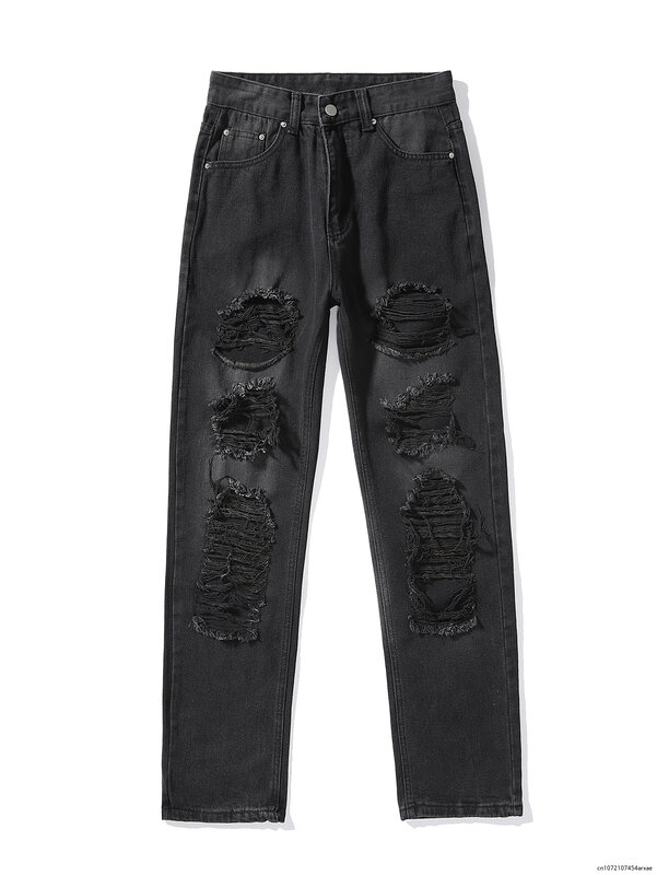Jeans feminino de cintura alta rasgada com buracos, streetwear vintage, calça jeans marrom, calça reta, moda hip-hop, buraco