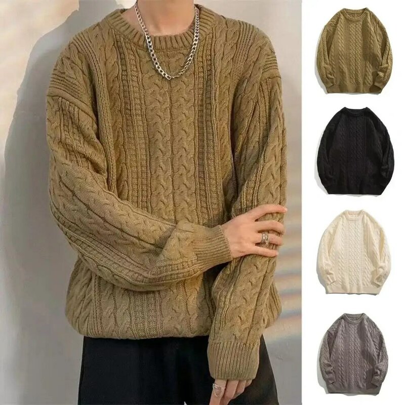 Men Solid Color Sweater Men's Solid Color Knitted Sweater with Elastic Round Neck Long Sleeve for Fall Winter Soft Warm Pullover