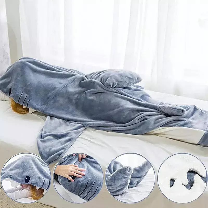 Pijama de franela con capucha de tiburón para niños y adultos, saco de dormir de felpa, acogedor, novedad de 2024