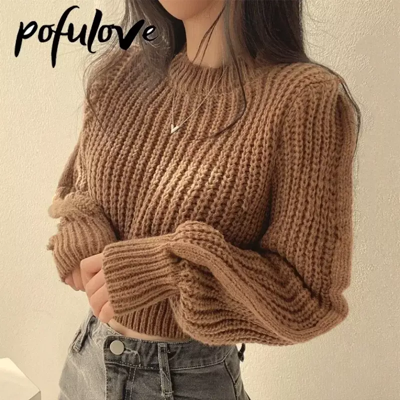 Knitted Sweater Pullovers New Design Cute Sweet Japan Girls Solid O Neck Short Crop Knit Tops 4 Colors 2023 Winter Autumn